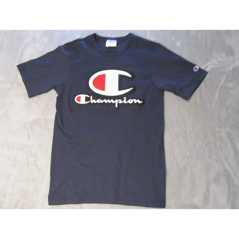 Champion Mens Navy Blue Chenille Big Logo Patch Short Sleeve T-Shirt Small - Picture 1 of 5